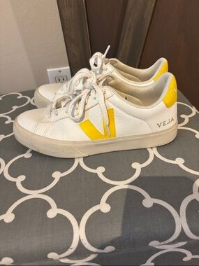 Veja Women’s White Leather Sneakers with Yellow V Logo